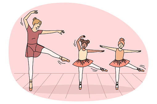 Happy young ballet teacher in tutu dancing with small international girls in class. Smiling ballerina kids teach dancer moves with trainer indoors. Hobby and entertainment. Vector illustration.