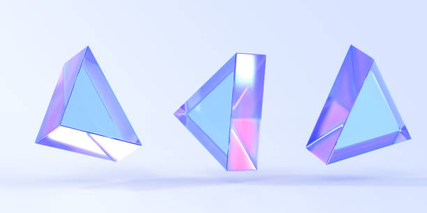istock Glass or crystal triangle in different angle view, 3d render. Abstract figure of geometric shape with holographic gradient texture, isolated glossy iridescent object, icons set 1487348044