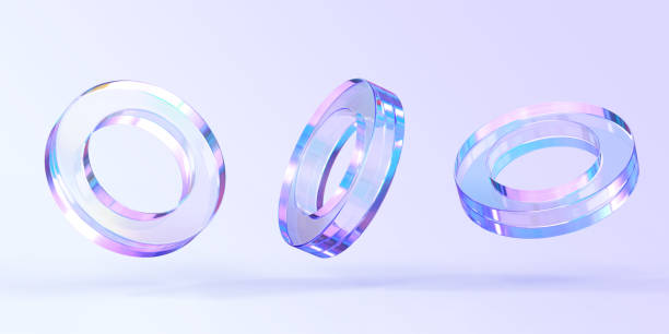 Glass or crystal ring in different angle view, 3d render. Abstract figure of geometric shape with holographic gradient texture, isolated glossy iridescent object, set of graphic icons. 3D illustration
