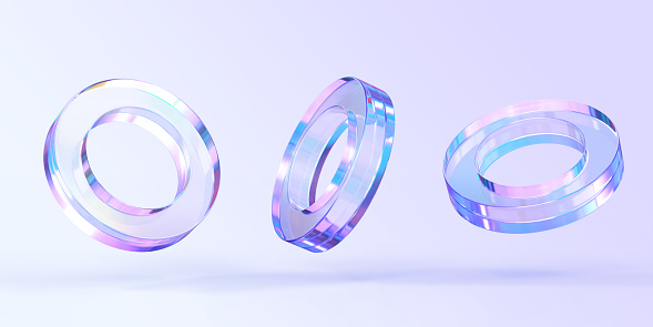 Glass or crystal ring in different angle view, 3d render. Abstract figure of geometric shape with holographic gradient texture, isolated glossy iridescent object, set of graphic icons. 3D illustration