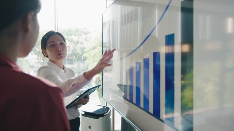 Asian woman discussing a financial graph on the screen in meeting room