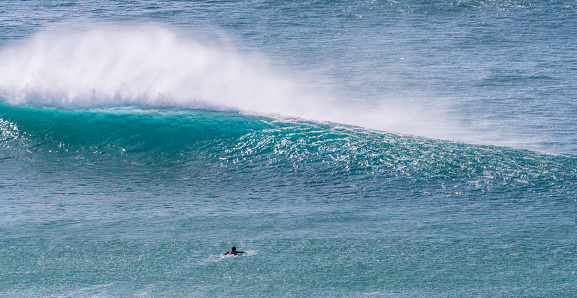 young adult surfing on a big wave in the ocean on a sunny day