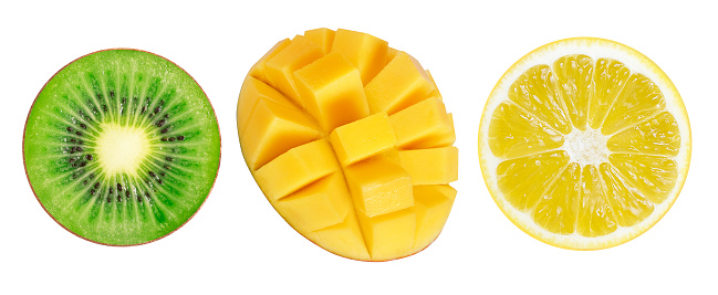 Slice of kiwi, lemon and mango on isolated white background
