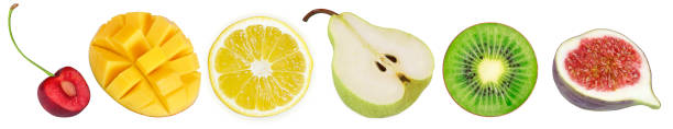 istock Cherry, mango, lemon, pear, kiwi and fig slices on an isolated white background. fruit slices 1487352362