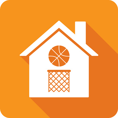 Vector illustration of a house with basketball and hoop icon against an orange background in flat style.