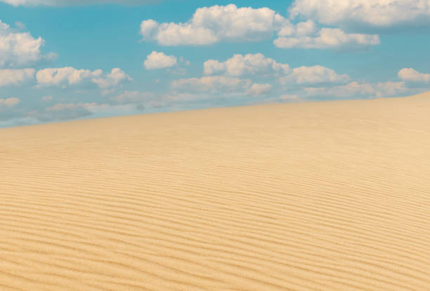 Beautiful Sahara Erg Chebbi Sand Dunes under blue summer skyscape. Tourist walking up the huge dunes on the horizon. Erg Chebbi, Sahara Desert, Morocco, North Africa