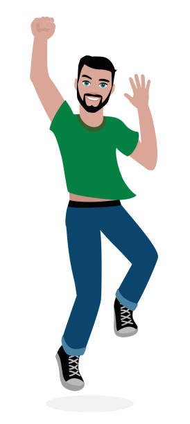 ilustrações, clipart, desenhos animados e ícones de jumping man feliz inteligente jovem barbudo esportivo - sympathic