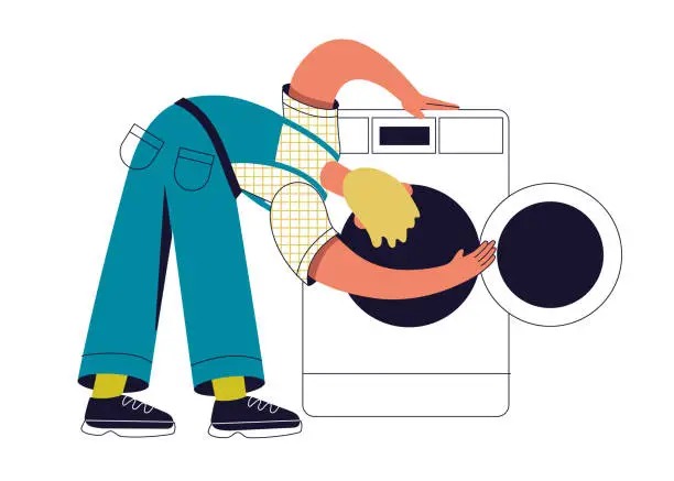 Vector illustration of Worker repair washing machine. Household appliances repair service. Repair and warranty service of washing machines.