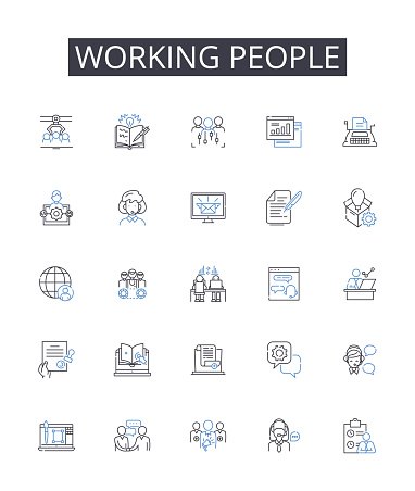 Working people outline icons collection. Organization, Cataloging, Information, Management, Sorting, Tracking, Categorizing vector and illustration concept set. Digital,Storage linear signs and symbols