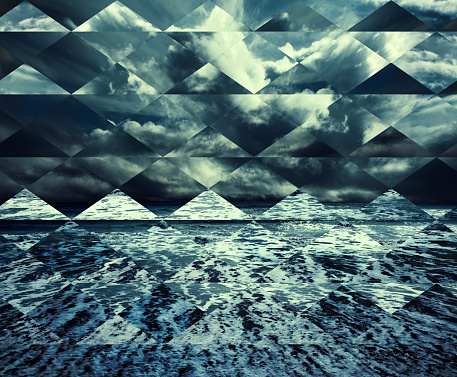 Abstract design or collage background sea storm with waves and clouds.Soft focus and creative blur and noise.
