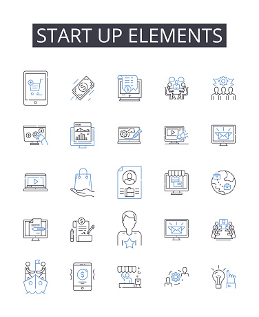 Start up elements outline icons collection. Energetic, Vibrant, Dynamic, Lively, Bold, Fierce, Exciting vector and illustration concept set. Sprightly,Vivacious linear signs and symbols