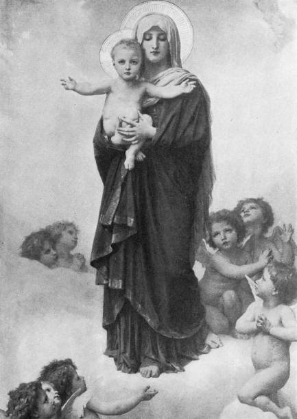 ilustrações de stock, clip art, desenhos animados e ícones de our lady of the angels, painting by william-adolphe bouguereau - 19th century - century 19th family women