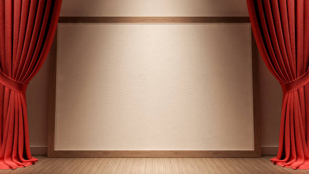 istock Room with an empty picture frame on a wooden floor and red curtains 3d render 1487364860