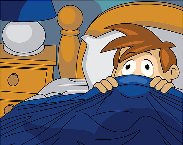 ilustrações de stock, clip art, desenhos animados e ícones de menino assustado no escuro - bed child fear furniture