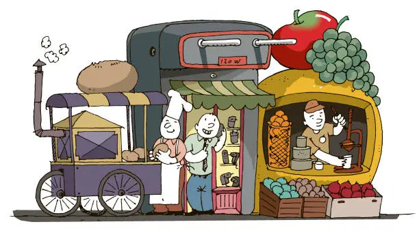 Vector illustration of side-by-side kiosks and vendors
