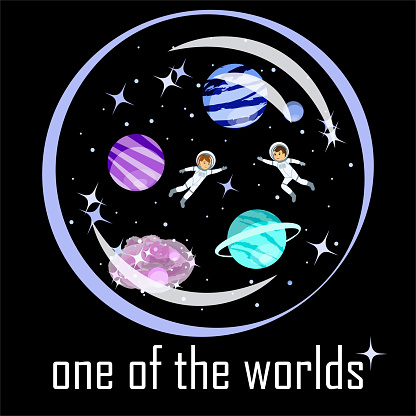 One of the worlds with people in the sphere on a black background. Astrophysics. Vector illustration with copy space.