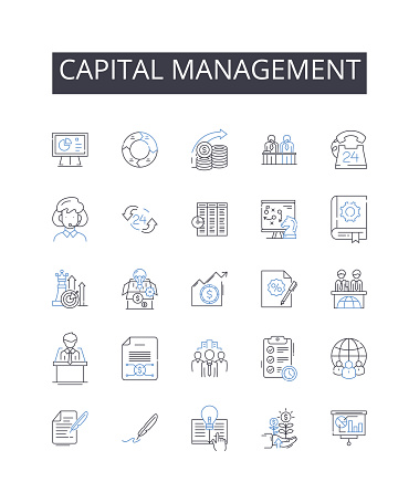 Capital management outline icons collection. Intermittance, Transmission, Histrionics, Projection, Lexicon, Credibility, Immediacy vector and illustration concept set. Conveyance,Discourse linear signs and symbols