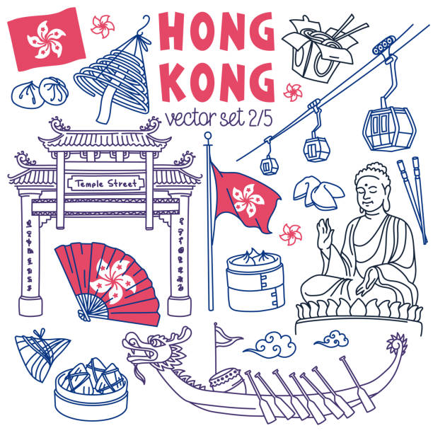 hong kong traditionelle symbole, essen und sehenswürdigkeiten doodle set - victoria peak stock-grafiken, -clipart, -cartoons und -symbole