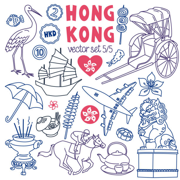 hong kong traditionelle symbole, essen und sehenswürdigkeiten doodle set - victoria peak stock-grafiken, -clipart, -cartoons und -symbole