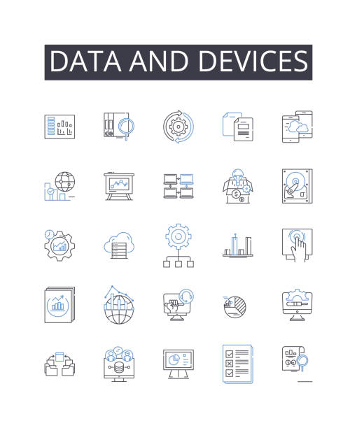 ilustraciones, imágenes clip art, dibujos animados e iconos de stock de colección de iconos de línea de datos y dispositivos. presupuesto, flujo de caja, inversiones, acciones, bonos, ahorros, gastos vector e ilustración lineal. deuda, ingresos, impuestos esquema de señales establecidas - portfolio investment will tax