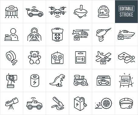 A set of toy and hobby store icons that include editable strokes or outlines using the EPS vector file. The icons include at toy store or toy shop, remote control car, drone in flight, spinning toy top, toy astronaut helmet, toy store worker, cashier, hand operating a remote control, remote control helicopter, toy laser gun, remote control boat, teddy bear, stuffed animal, remote controller, gift card, remote control airplane, video game controller, battery, toy dinosaur, toy train, toy packaging, retail sign, telescope, remote control truck, hobby painting supplies, virtual reality headset and other toys.