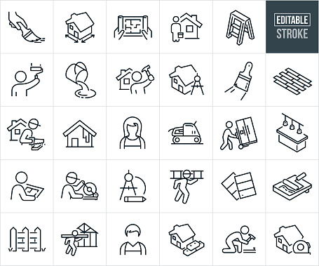 A set of home renovation and remodeling icons that include editable strokes or outlines using the EPS vector file. The icons include hand with paintbrush, house measurements for remodel expansion, home blueprint floor-plan, homeowner with toolbox standing next to his home, house painting, homeowner using paint roller to paint house, homeowner using a saw during home remodel, homeowner holding up a hammer with his house in the background to represent home renovation, woman homeowner wearing apron, belt sander, person moving refrigerator as part of a home renovation, home island with lights, homeowner examining blueprint of home remodel, drawing compass, homeowner carrying ladder, paint swatches, picket fence, homeowner carrying lumber as part of a home DIY remodel, male homeowner wearing apron, homeowner using a hammer during home renovation and a house with a tape measure representing a home renovation.