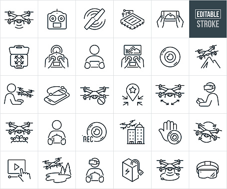 A set of drone, UAV and quadcopter icons that include editable strokes or outlines using the EPS vector file. The icons include a drone in flight, drone remote controller, quadcopter propeller, computer chip, drone being operated using a smartphone, drone in case, hands using remote controller to operate UAV, person using a smartphone to operate a drone, recording of video using a drone, camera lens, quadcopter flying over mountains, person operating a drone, no drones sign, location marker, person operating a drone using a headset and remote controller, drone over crops for agriculture, UAV flying over city buildings, drone flying over mountain scenery, drone battery and headset used to fly a quadcopter.