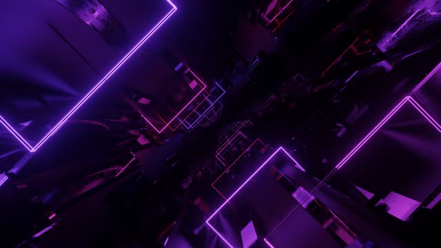 Hi-tech neon sci-fi tunel. Trendy neon glow lines form pattern and construction in mirror tunnel. Fly through technology cyberspace. 3d looped seamless 4k background.flickering 3d object night club