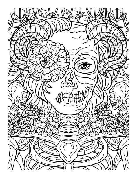 Vector illustration of Halloween Skull Flower Coloring Page for Adults