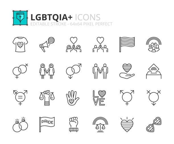 Simple set of outline icons about LGBTQIA+ Line icons about LGBTQIA+. Contains such icons as love, flag lgbt, pride day and sexuality and gender diversity. Editable stroke Vector 64x64 pixel perfect pride flag icon stock illustrations