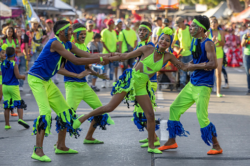 Performers with colorful and elaborate costumes participate in Barranquillas Carnaval. Barranquilla Colombia 3 May 2023