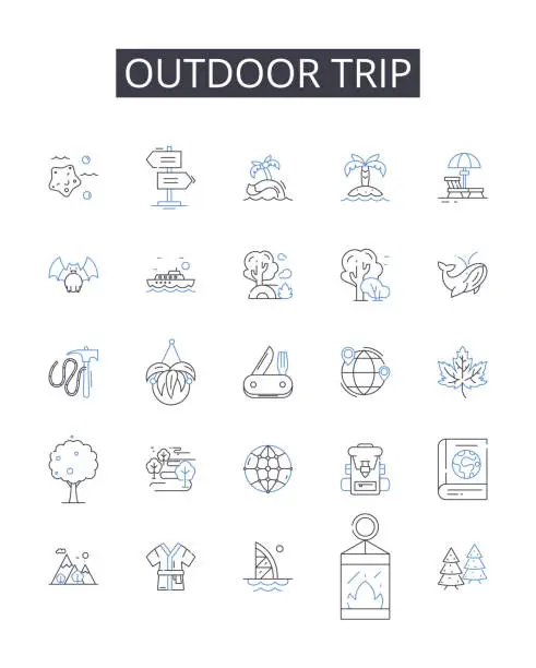 Vector illustration of Outdoor trip line icons collection. Desk, Chair, Computer, Monitor, Printer, Mouse, Keyboard vector and linear illustration. Lamp,Files,Storage outline signs set