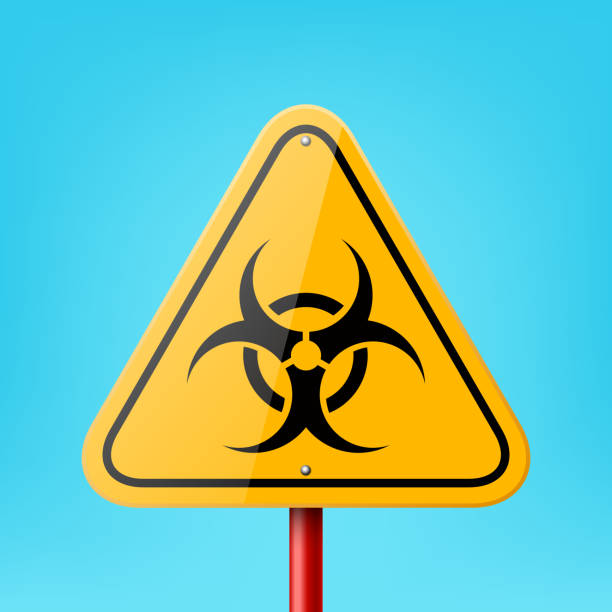 Vector Yellow Triangular Road Sign Frame with Biohazard, Radiation Sign, Icon, Nuclear Warning Symbol Icon Closeup on Blue Background. Road Pointer Plate Design Template, Front View Vector Yellow Triangular Road Sign Frame with Biohazard, Radiation Sign, Icon, Nuclear Warning Symbol Icon Closeup on Blue Background. Road Pointer Plate Design Template, Front View. chemical weapons stock illustrations