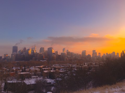 Calgary-Canada, November 2017: Beautiful sunset over the city downtown area of Calgary. Taken from McHugh Bluff.