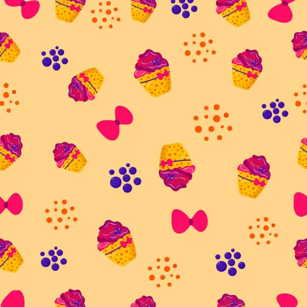 Vector illustration of Pattern seamless with blueberry muffin, bows and blueberries. Design for fabric, tablecloth, packaging.