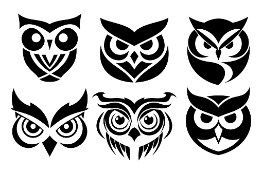 Vector illustration of a set of black and white owl face icons.