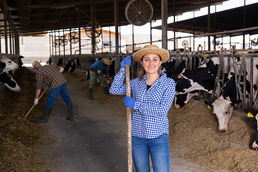 Portrait of successful latin american young female breeder standing in cowshed on sunny day