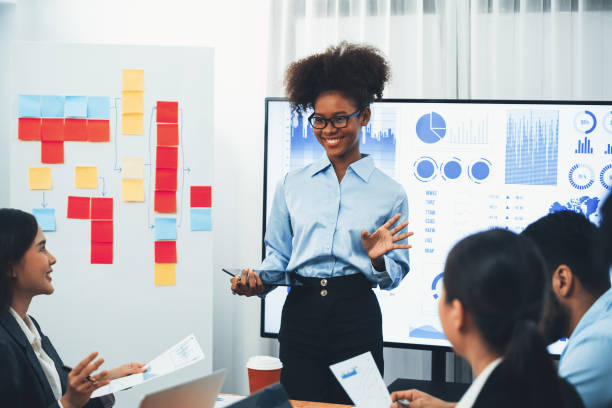 istock Young african businesswoman presenting data analysis dashboard on TV. Concord 1487382416