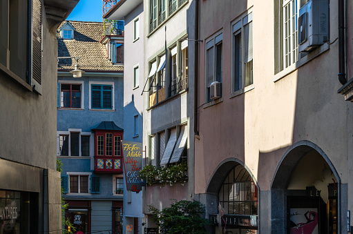 Zurich, Switzerland - September 3, 2013: View of commercial colorful streets in the old town of Zurich, Switzerland