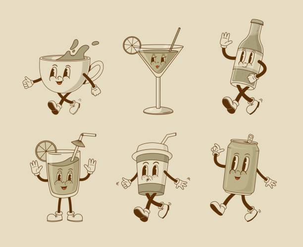 ilustraciones, imágenes clip art, dibujos animados e iconos de stock de conjunto de personajes de dibujos animados retro de los años 70. taza de café vintage divertida, botella de limonada, lata de refresco, vaso de cócteles, capuchino, mascota de jugo. - soda