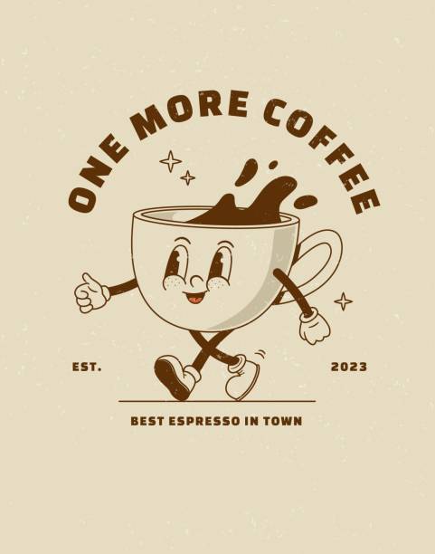 Cartoon retro 70s cup of coffee vector illustration. Groovy vintage poster espresso character. Nostalgia 1970s, 60s