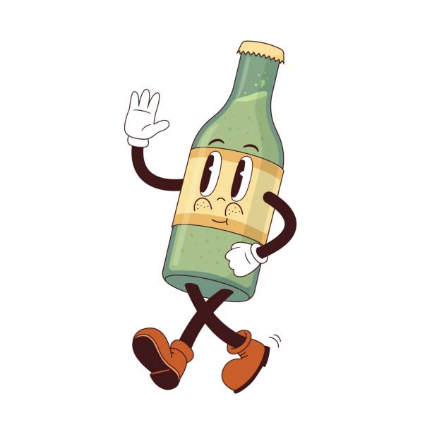 ilustrações de stock, clip art, desenhos animados e ícones de funny bottle beer character in retro 70s groove style. cartoon vector illustration. - retro revival lemonade stand old fashioned lemonade