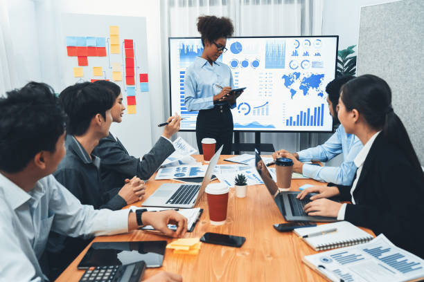 istock Young african businesswoman presenting data analysis dashboard on TV. Concord 1487384479