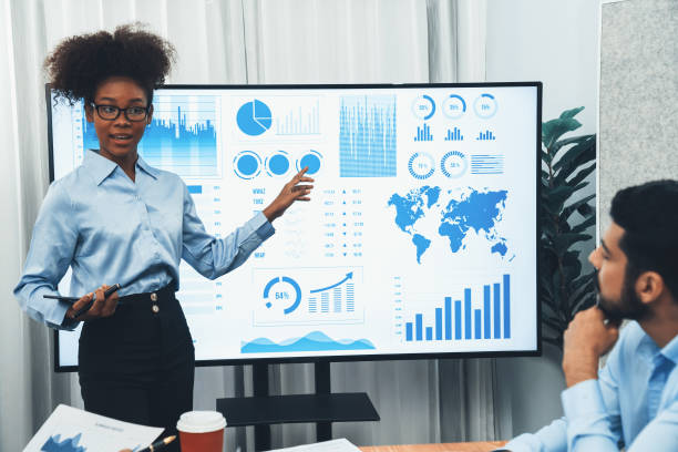 istock Young african businesswoman presenting data analysis dashboard on TV. Concord 1487384553