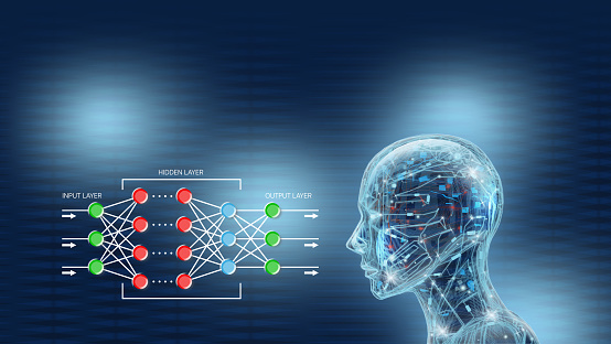 Deep learning infographic of neuronal network and robot