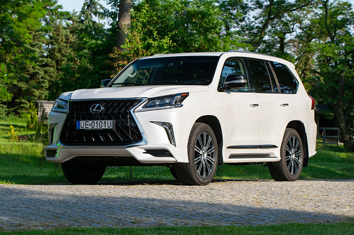 Zdiar, Slovakia - 4th June, 2019: Lexus LX570 parked on a road. This model is the largest SUV from Lexus (Toyota Group) in European offer.