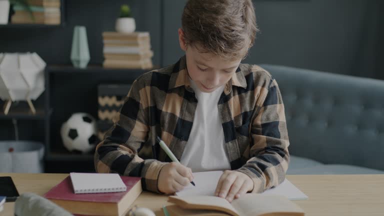 Smart boy reading book and writing information in notebook involved in education at home