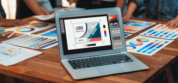 istock Panorama focus view of laptop display digital art workspace. Scrutinize 1487389027