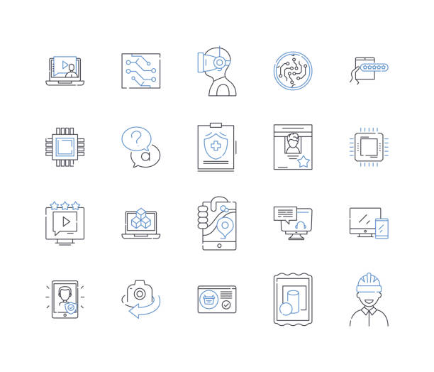 Robotics line icons collection. Automation, Intelligence, Kinematics, Nanotechnology, Robotics, Autonomy, Cybernetics vector and linear illustration. Mechatronics,Precision,Sensors outline signs set Robotics outline icons collection. Automation, Intelligence, Kinematics, Nanotechnology, Robotics, Autonomy, Cybernetics vector and illustration concept set. Precision,Sensors linear signs and symbols kinematics stock illustrations