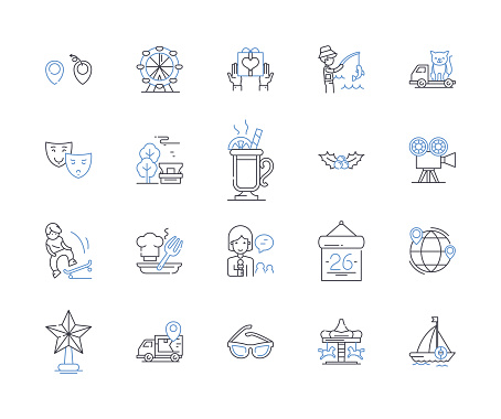 Retrospective celebrations outline icons collection. Nostalgia, Reminiscing, Reflection, Commemoration, Recollection, Memories, Tribute vector and illustration concept set. Commemorative,Anniversary linear signs and symbols